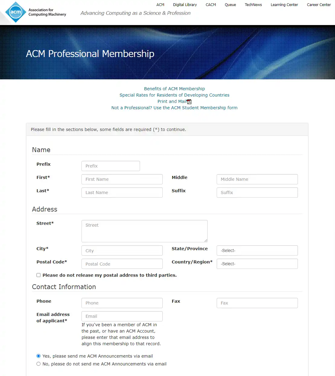 ACM Professional Membership登録画面